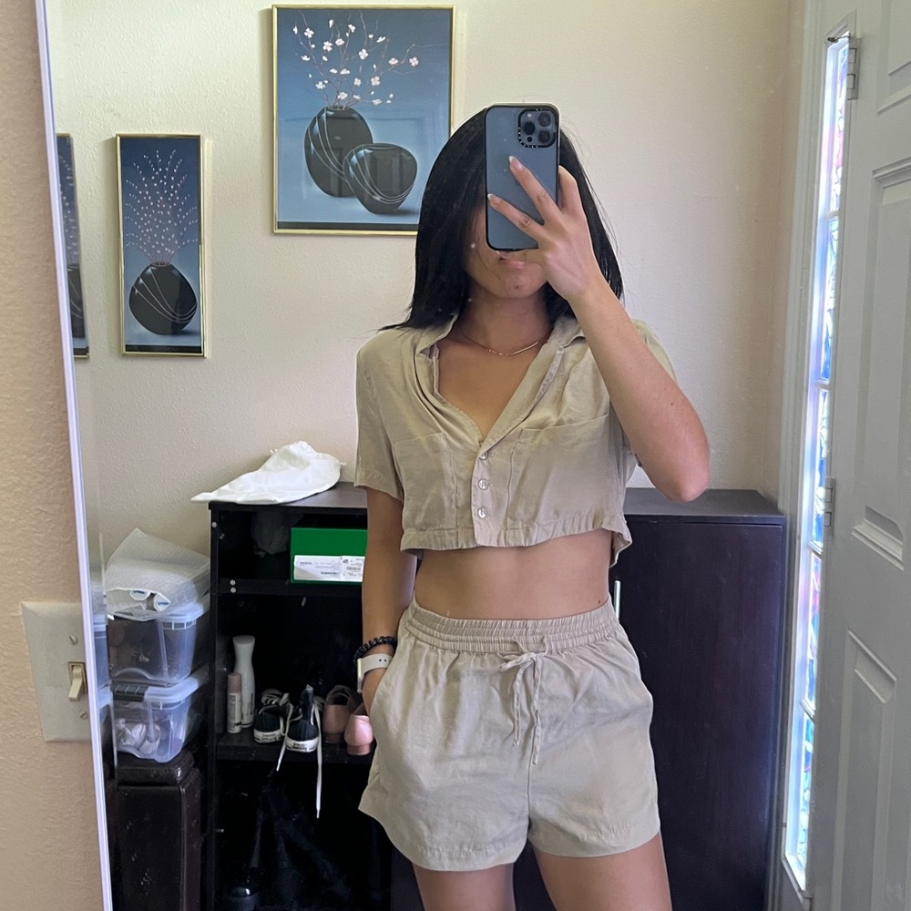 Beige Set Cropped Button-Up Top and Shorts